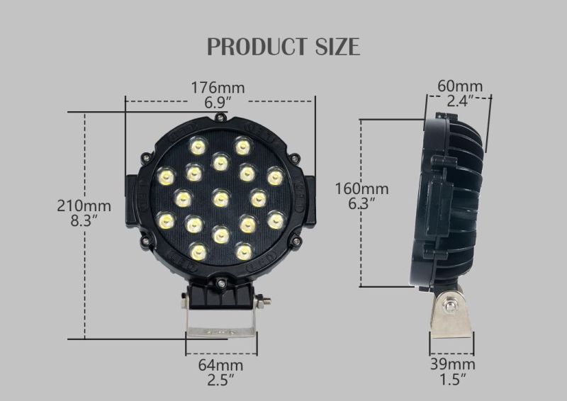 `7 Inch 51W Waterproof LED Pods Round Flood Beam Lamp LED Work Light Bar