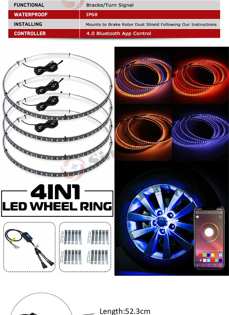 Sw7611737 25W 4 in 1 Car LED Wheel Ring Lights 17 Inch RGB 5050 SMD Chips Bluetooth Control Single Row Light Strip for Car