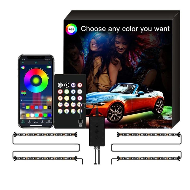 4PCS 48LED RGB in-Car Interior Atmosphere Light Strip Bar Bluetooth APP Music Control for Christmas Decoration Light