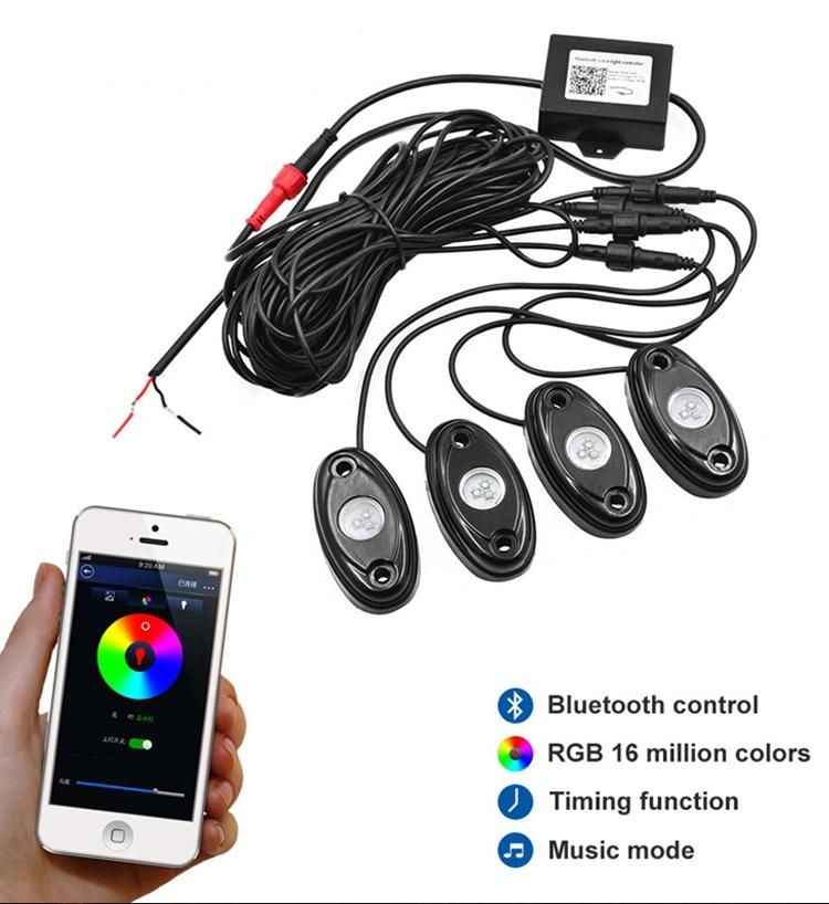 4 Pods RGB LED Rock Lights with Bluetooth Controller Remote Multicolor Neon LED Light Kit for Music Mode Flashing