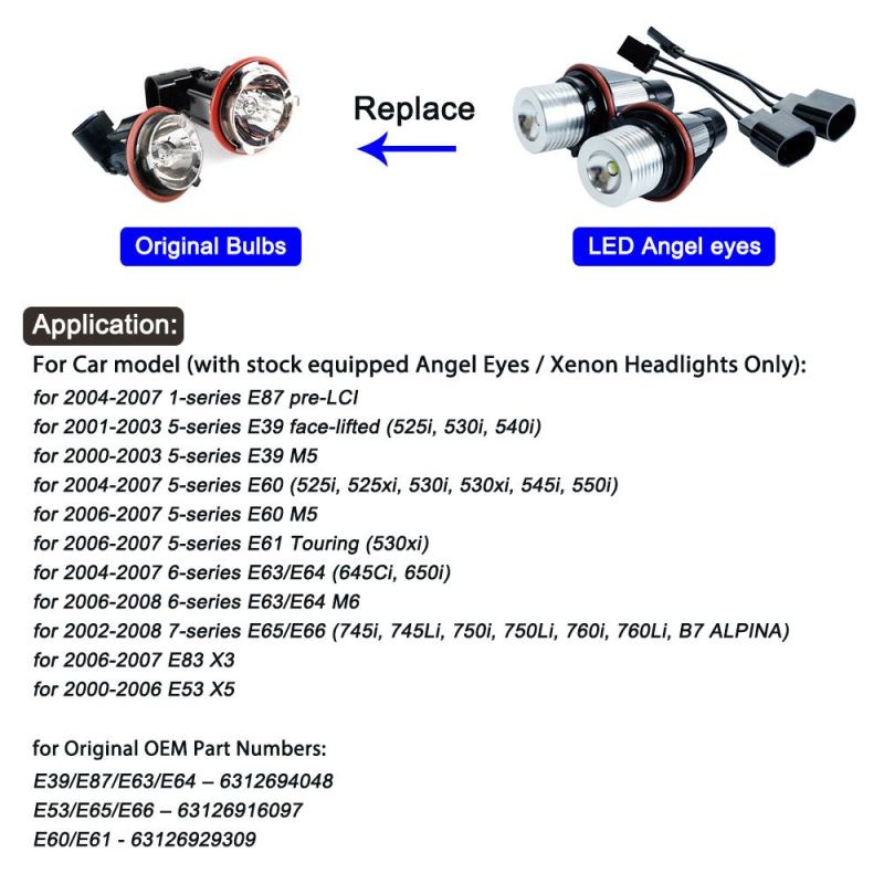 White Yellow 12V LED Angel Eyes for E39-5W LED Side Marker Light Bulb Canbus