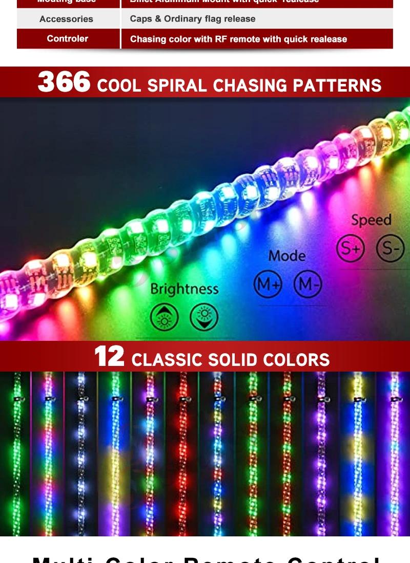 Swl1-6FT 1 PCS 1.8m Remote Control Antenna RGB 360 Degree Spiral LED Whip Lights for UTV off- Road Vehicle ATV