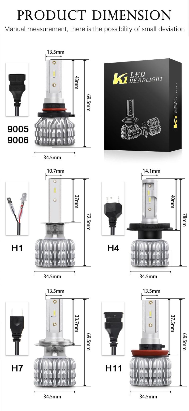 H4 LED H7 H11 H1 H3 Hb4 H8 Hb3 H27 9005 9006 Auto Car Headlight 72W 8000lm High Low Beam Light Automobiles Lamp 6000K Bulb