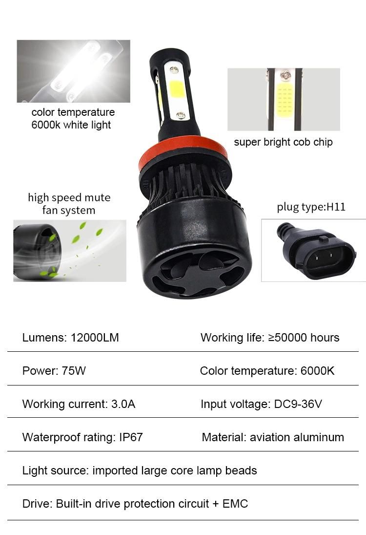 Cheapest Car LED Headlights Super Highlight 4 Side Headlight 75W 12000lm COB 9-32V H1 H7 9005 H4 LED Auto Lights Car Lights