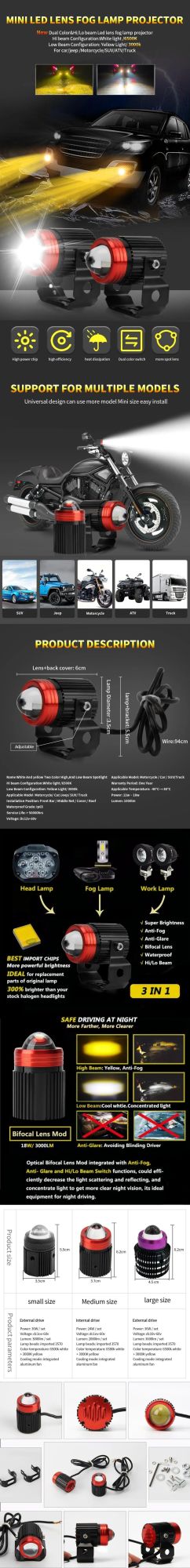 LED Motorcycle Light Bi LED Projector Lens Dual Color Headlight Fog Light