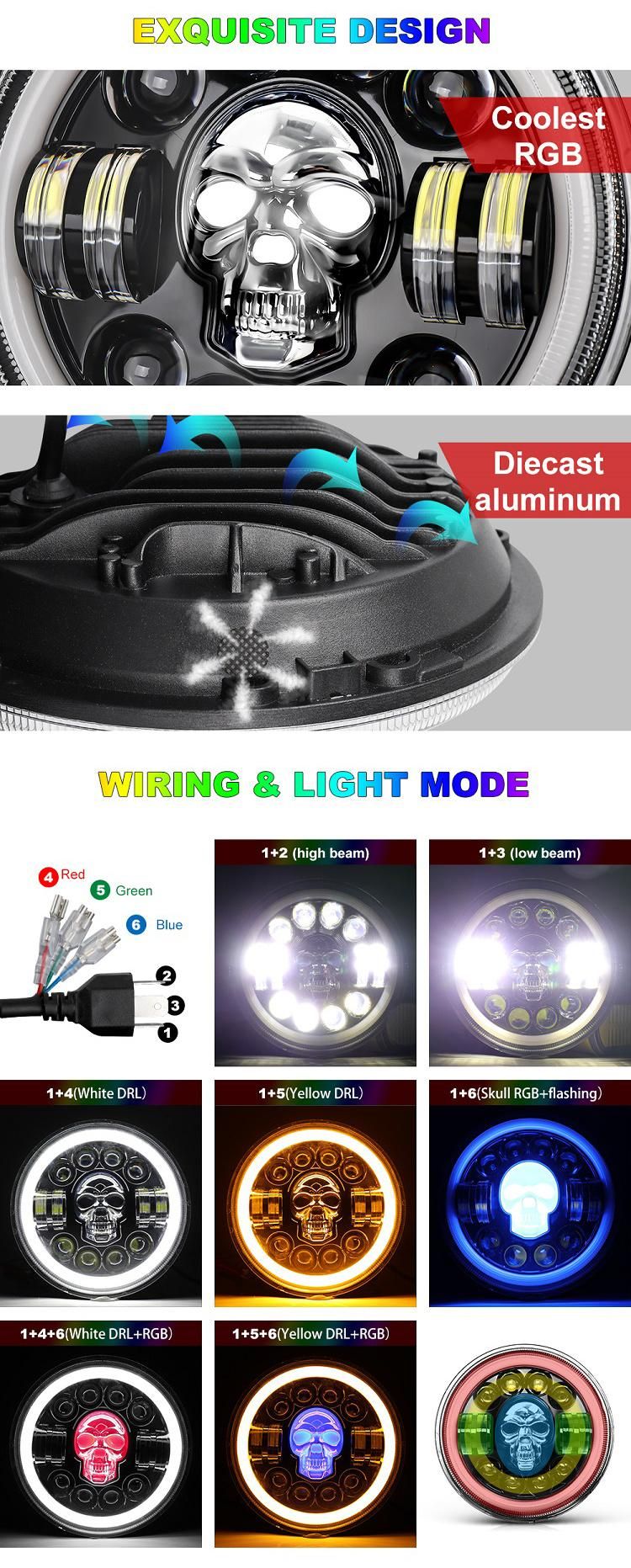 Angel Eye Daymaker Motorcycle Projector LED Headlamps RGB Round Jeep 7 Inch LED Headlight