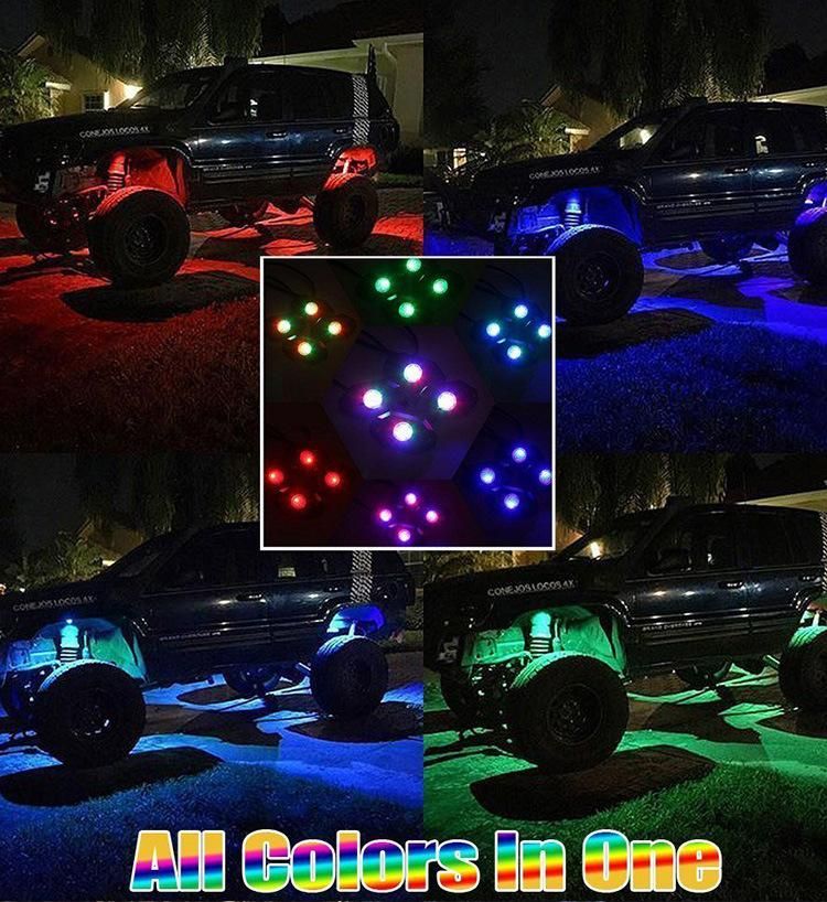 4 Pods RGB LED Rock Lights Flashing Lights for Jeep Truck Offroad Boat 9W RGB Bluetooth APP Control Undercar Light