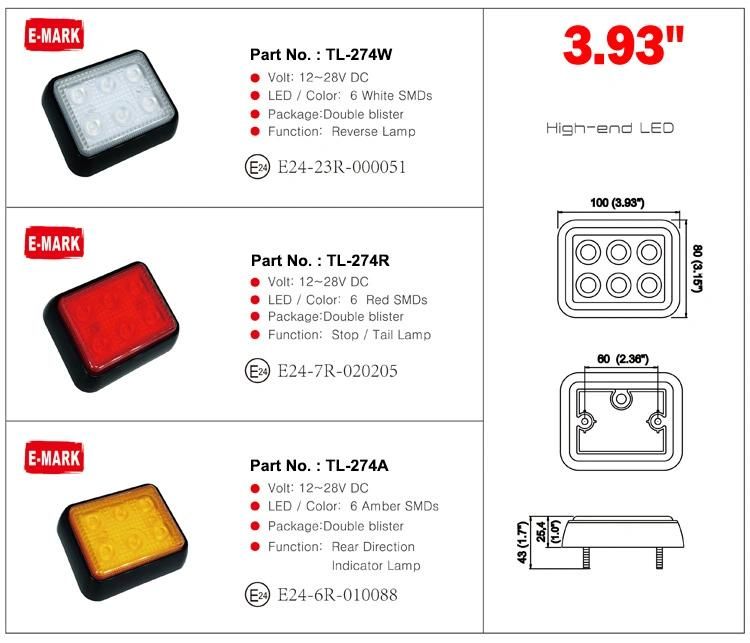 E-MARK Approved 3.93" Square LED Truck Trailer Light Lamps with 6 LEDs