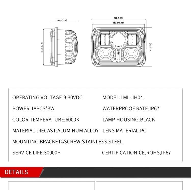 Hot Light 54W LED Angel Light Head Light 7 Inch 5X7 Car LED Headlight 7" Square High Beam Low Beam