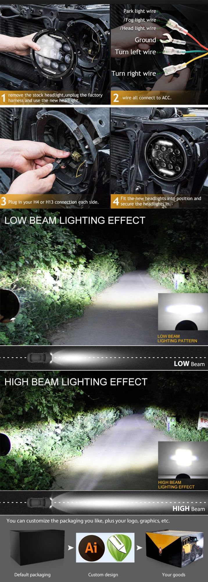 High Low Beam 75W Bluetooth Control 12 Volt RGB Color Change 7" Inch LED Headlight