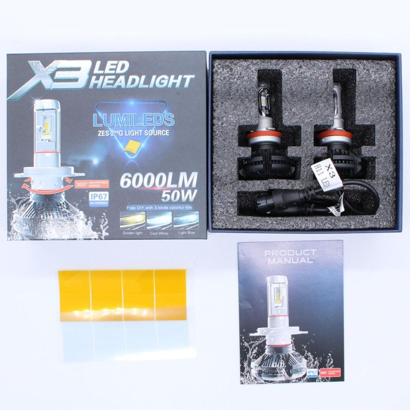 Lightech X3 Zes H4 H7 H10 9005 9006 H11 3 Color LED Headlight Bulb