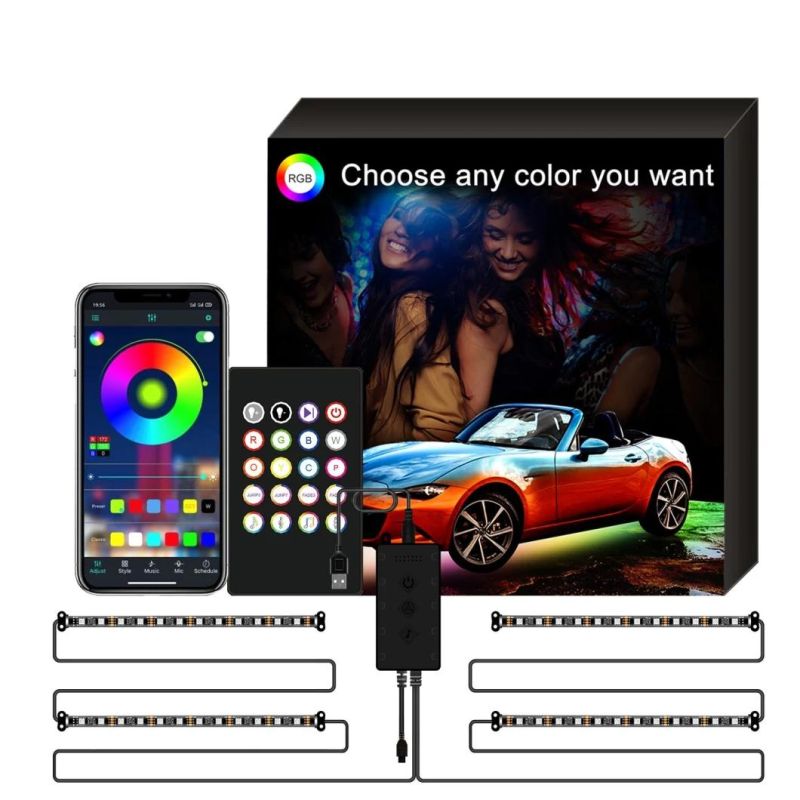 4PCS 48LED RGB in-Car Interior Atmosphere Light Strip Bar Bluetooth APP Music Control for Christmas Decoration Light