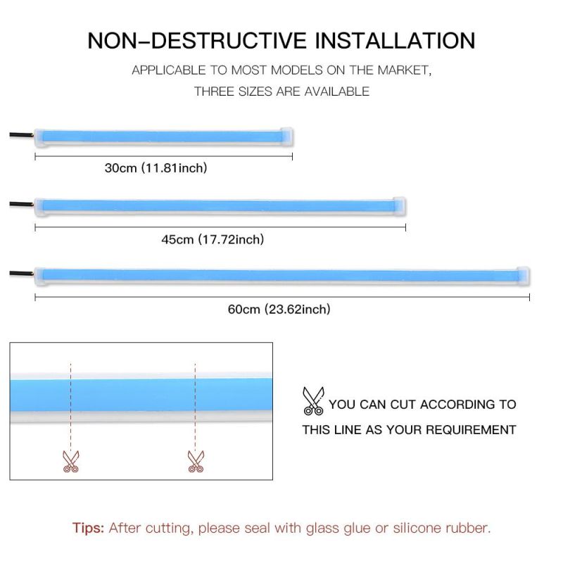 2X Ultrafine DRL 30 45 60cm Daytime Running Light Flexible Soft Tube Guide Car LED Strip White Red Turn Signal Yellow Waterproof