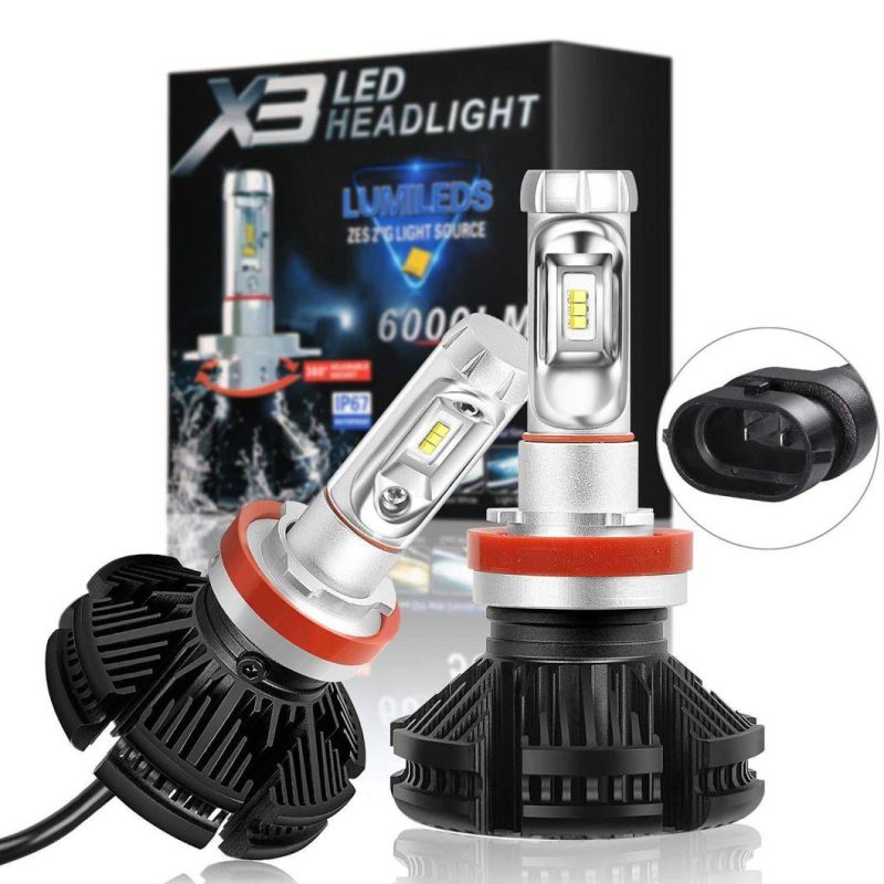 Factory Supply X3 LED Headlight H1 H3 H4 H7 9004 9005 9007 880 Zes Chip 50W 6000lm X3 Auto Light Wholesaler