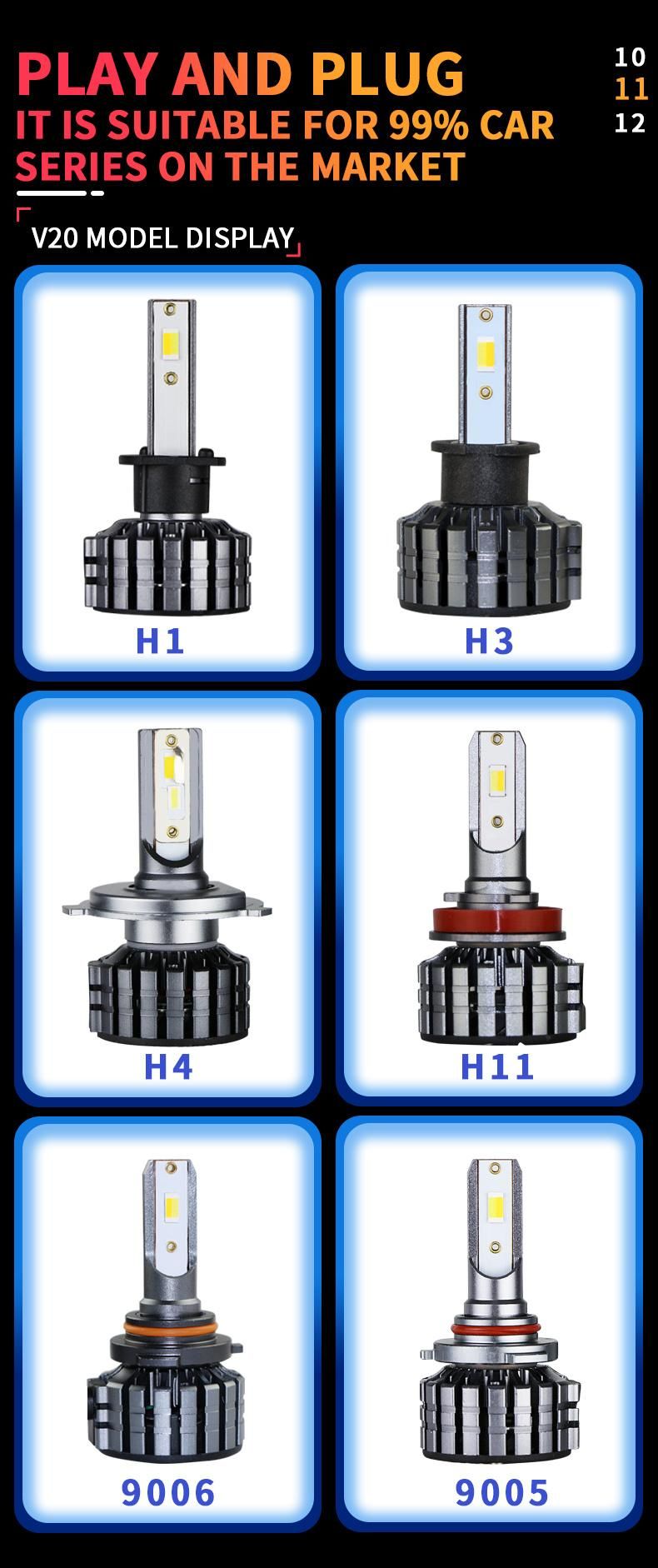 V20 LED Headlight Bulb Motorcycle Kits 6500K 85000lumen 9005 9006 Hb3 Hb4 9007 H1 H13 H7 LED Headlight H4