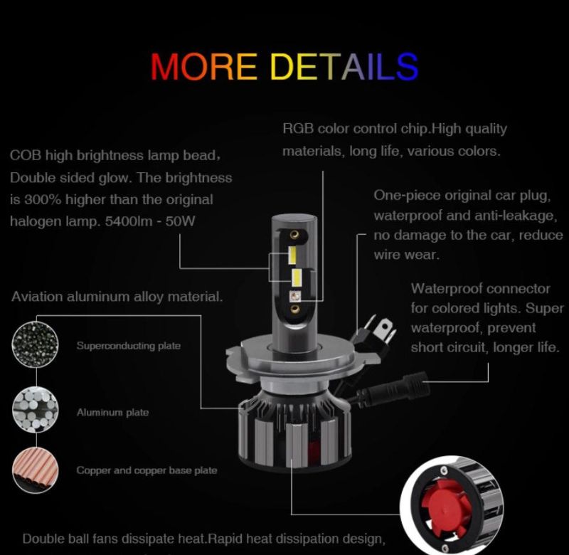 12V APP Control Bluetooth 7 Colors RGB LED Headlight Bulb H4 H7 H11 LED Car Light