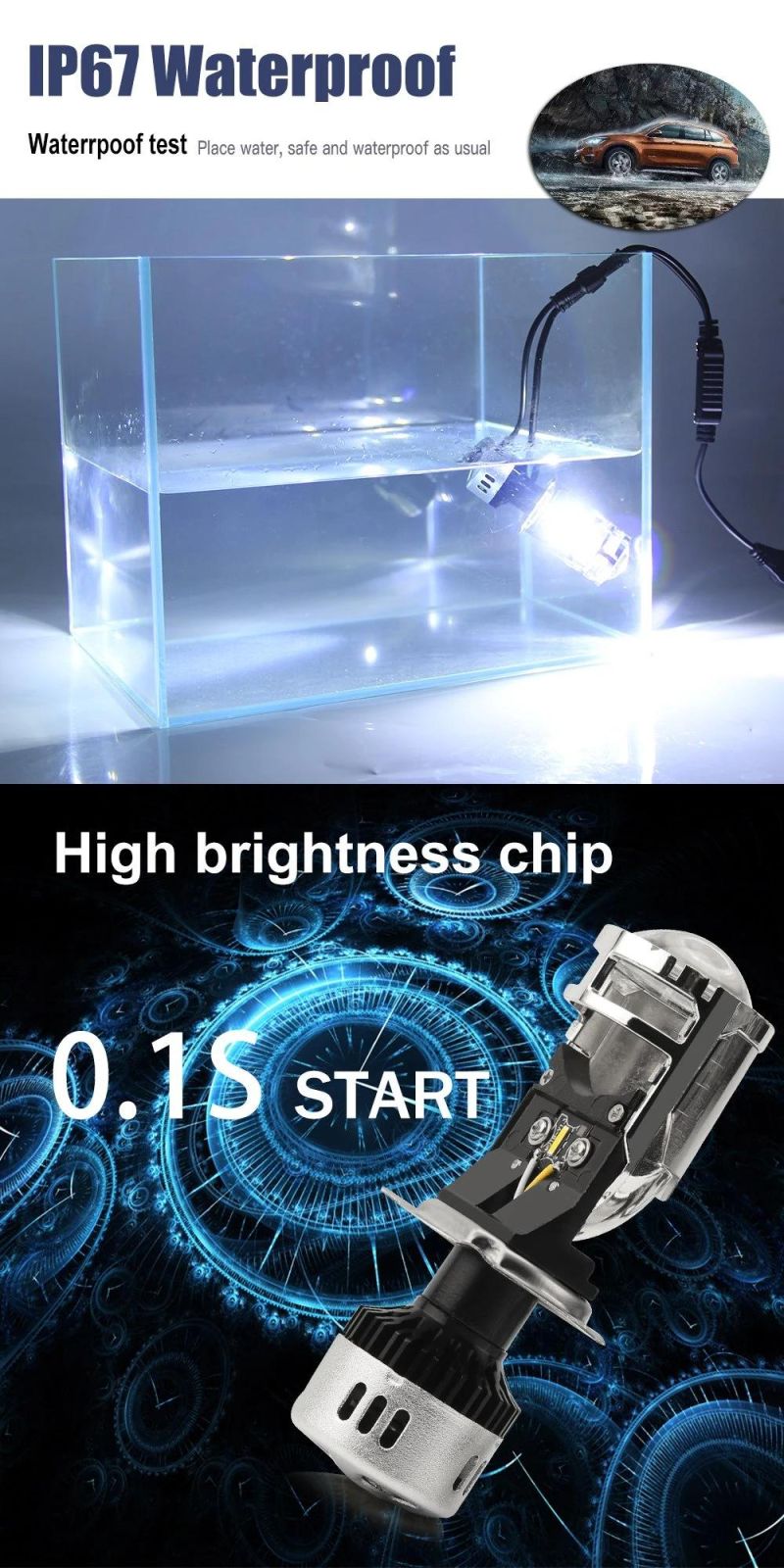 Integrated High Brightness H4 LED Headlight Bulb, Double Lens 55W 12V 9005 9006 H7 LED Auto Headlight