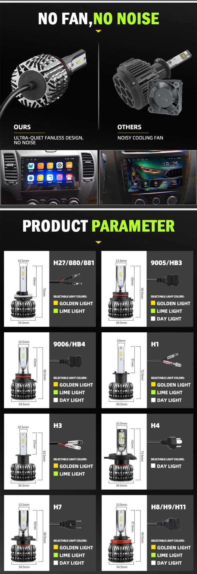 High Lumen Multi Color Auto LED Headlight Bulb, Csp Lamp 880 H1 12V 9006 9005 H11 Car H7 LED H4