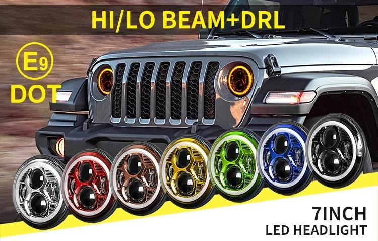 Super Bright Spider Design Angel Eye 75W Amber White DRL Turn Signal Round 24 Volt 12V H4 LED Motorcycle Harley 7 Inch LED Headlight for Jeep Wrangler