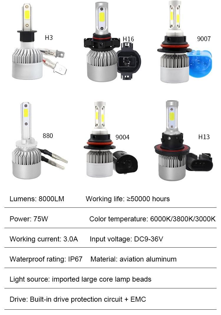 Cheapest S2 Car LED Headlight COB 72W 8000lm 6000K 9-32V H1 H3 H7 H11 9005 9006 H4 9004 9007 H13 Car Headlights LED Headlight Kit