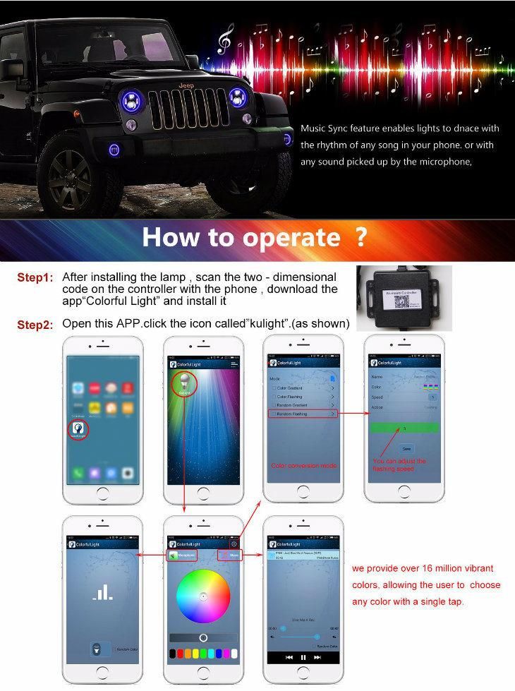 Phone Bluetooth Control Changing Color Halo Ring 4 Inch DRL Fog Light RGB 7 Inch Round Jeep LED Headlight for Conversation Kits