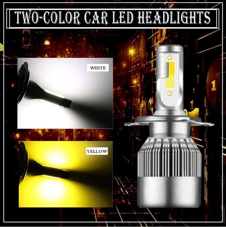 C6 COB 6000K H1 H7 H11 H3 H4 Double Color LED Headlight Yellow and White Double Light Auto Car Headlight Bulbs