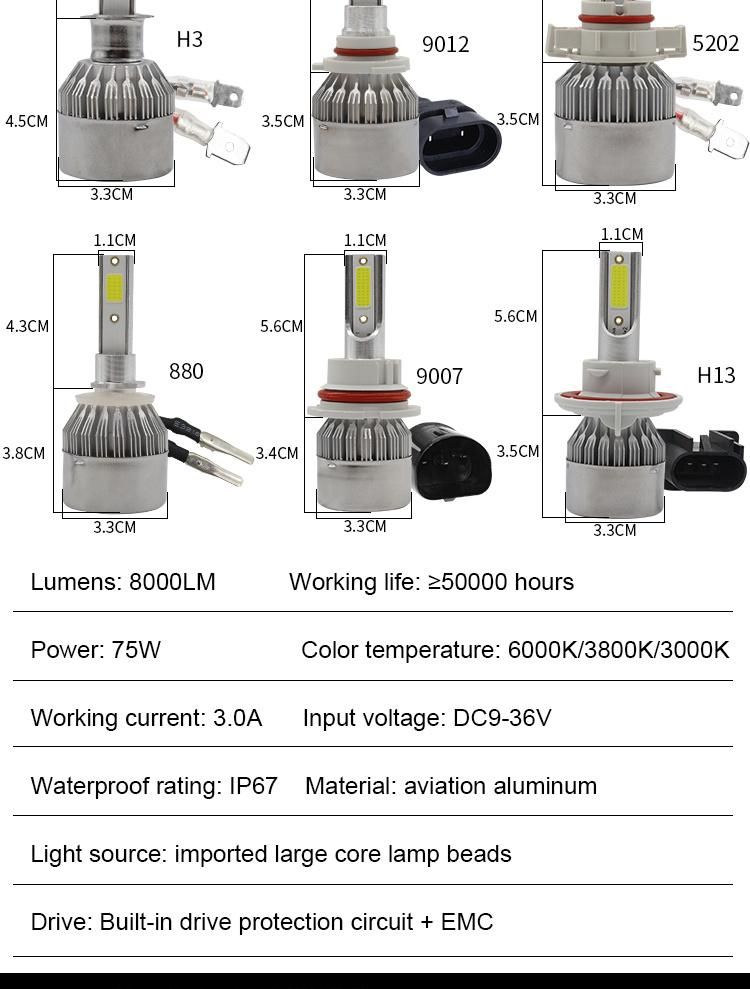 New C6 H4 LED Headlight H13 9005hb3 9006 H1 H3 H27 881 H11 12V Car LED H4 Light H7 LED Headlight Bulb