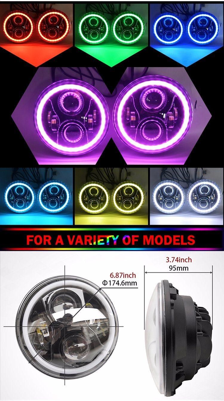 LED Headlamp Daymaker Motorcycle Dual Color Halo Angel Eye 12V 24V Round Auto RGB 7" Inch LED Headlight