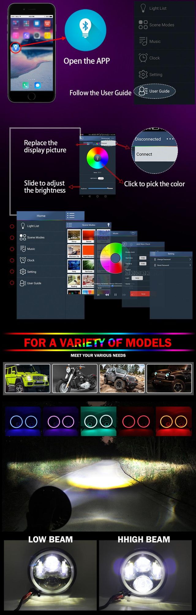 Bluetooth Control RGB Color Angle Eyes 75W Jeep Wrangler 7 Inch LED Headlight