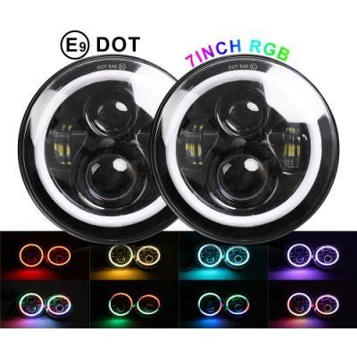 High Lumen Brightness Angel Eye DRL Halo Ring RGB Color 24V 12V off Road Round 7 Inch LED Headlight for Jeep Wrangler Motorcycle