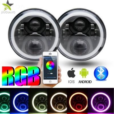 Bluetooth Control RGB Color Angle Eyes 75W Jeep Wrangler 7 Inch LED Headlight