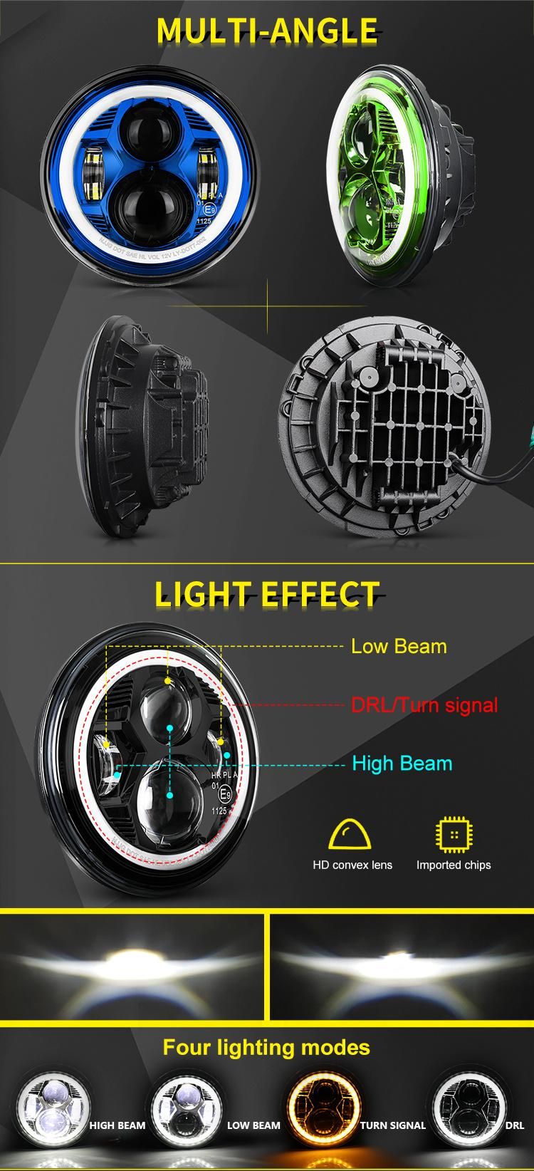 DOT E-Marked Turn Signal DRL Halo Ring High Low Beam Angel Eyes 75W 7 Inch LED Headlight for Wrangler