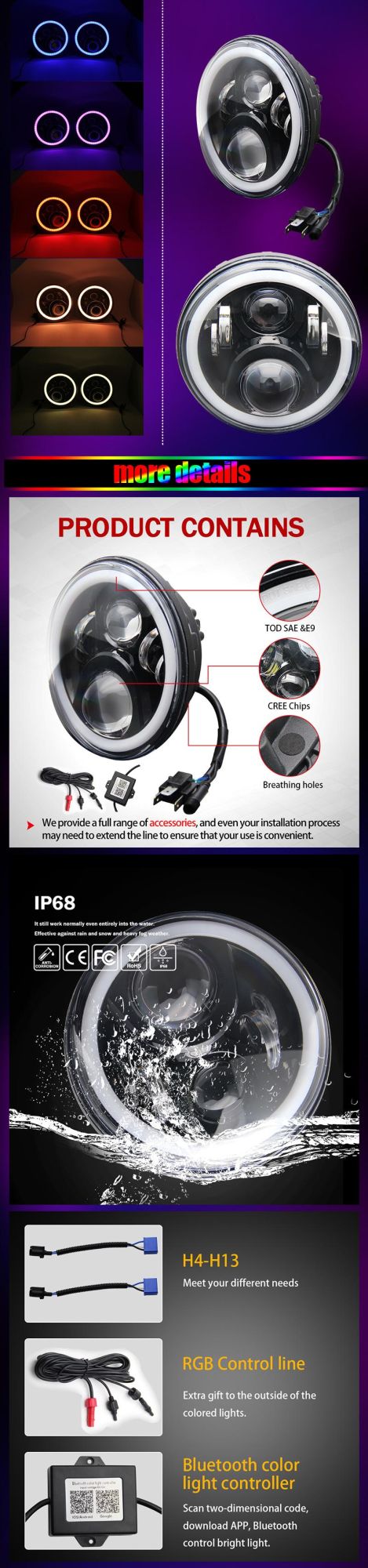 Bluetooth Control RGB Color Angle Eyes 75W Jeep Wrangler 7 Inch LED Headlight