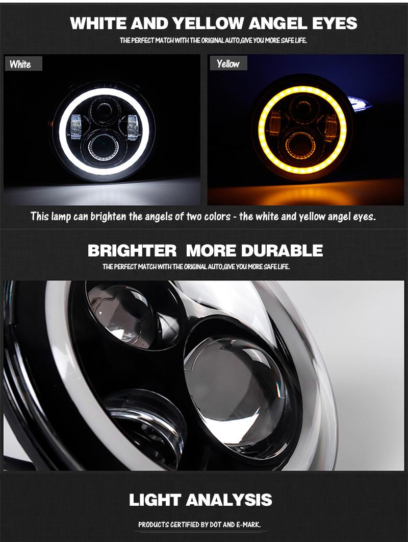 DOT E-MARK High Beam Round Breathing Hole Angel Eyes Motorcycle Jeep 75W 7 Inch LED Headlight