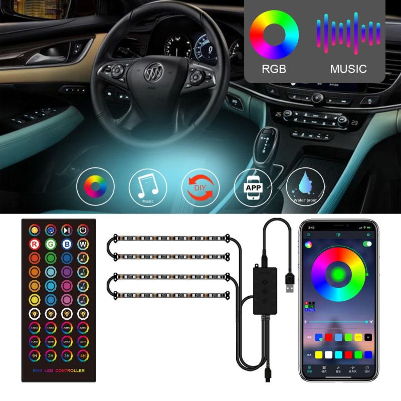 4PCS Waterproof Auto Atmosphere RGB Bluetooth Control Car Interior LED Strip Light