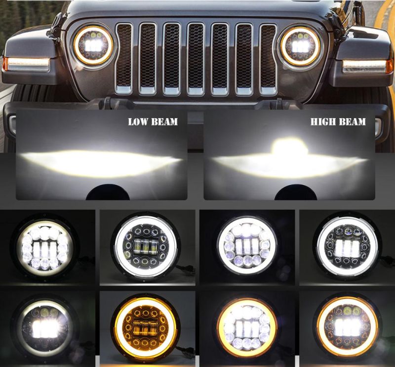 2020 Free Sample 75W 12V 24V Parking Light Angel Eye Amber Yellow Motorcycles Jeep Wrangler Round 7" Inch LED Headlight