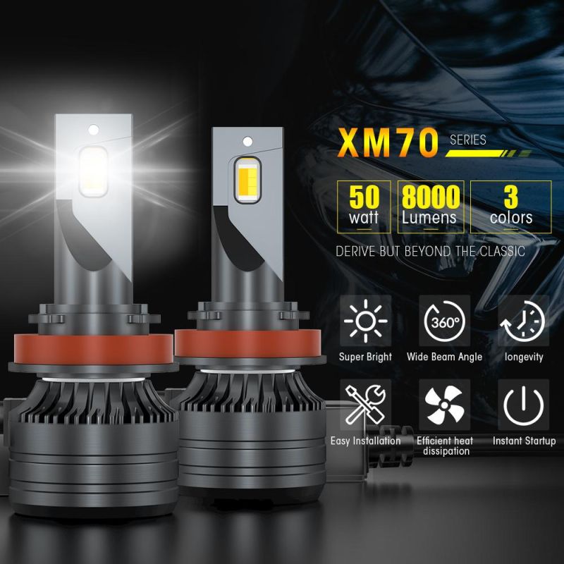 High Power 50W 12V 3000K/4300K/6000K Tricolor High Low Beam Autimotive LED Light Waterproof IP68 LED Headlight for Car