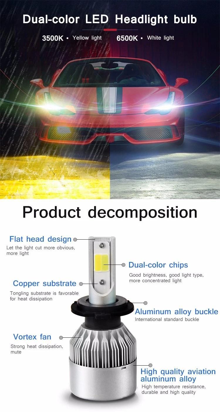 Dual Color H7 C6 LED Headlight Bulb, H4 9004 9005 9006 H11 360 Light Car LED Headlight Kit