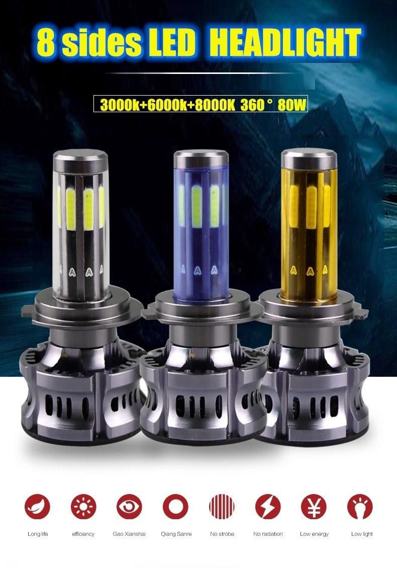 High Quality Three Color H7 Bulb H4 4300K 5000K 6500K Car Headlight H11 H8 H9 Mini Light 60W 10000lm 9006 Hb4 Hb3 9005 LED Super LED Headlight