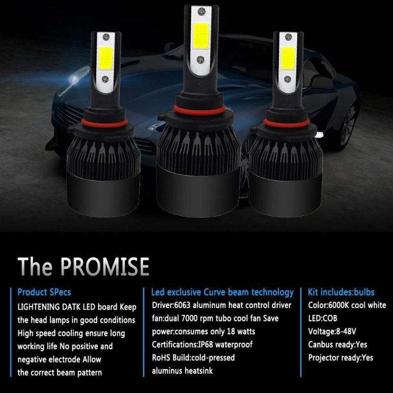 1X COB H4 Hb2 9003 C6 72W 8000lm LED Car Headlight 360° Hi/Lo Beam Turbo Light Bulbs Kit 6000K White Lamp Black