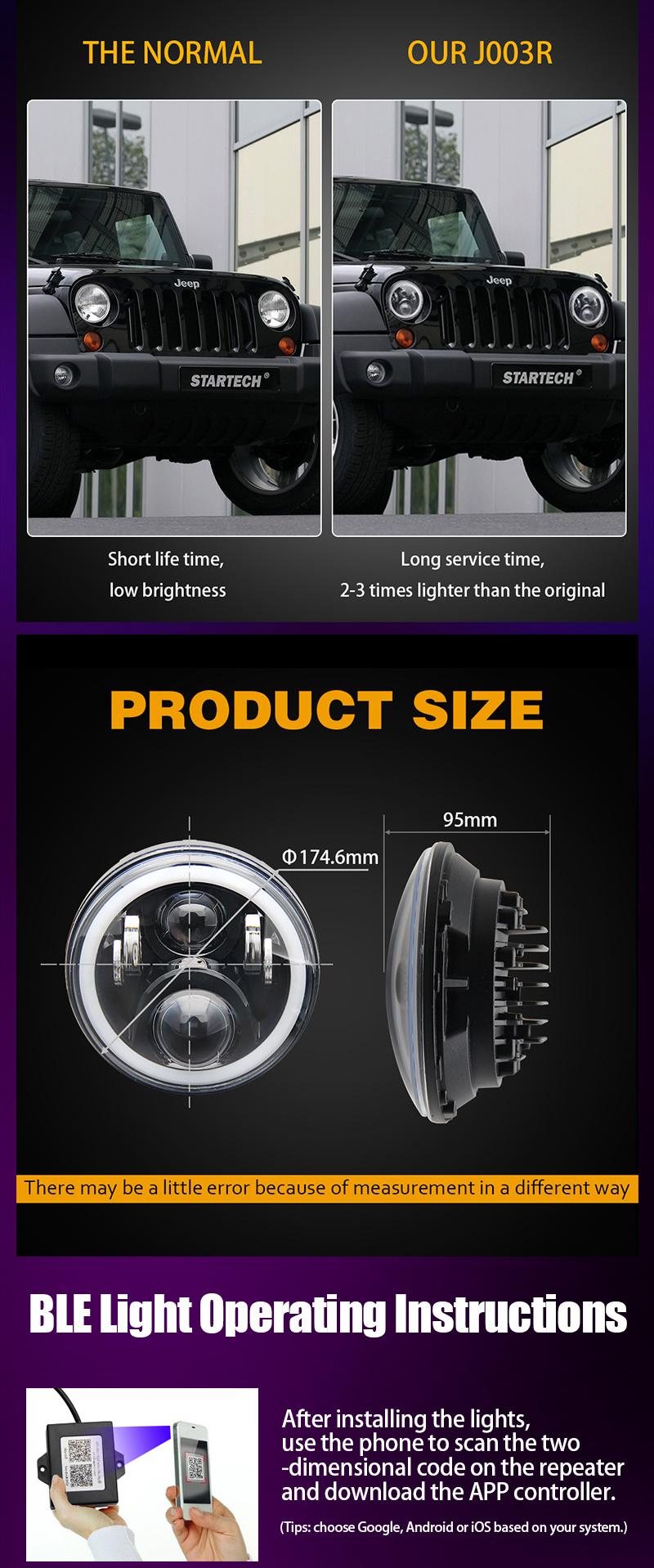 Bluetooth Control RGB Color Angle Eyes 75W Jeep Wrangler 7 Inch LED Headlight