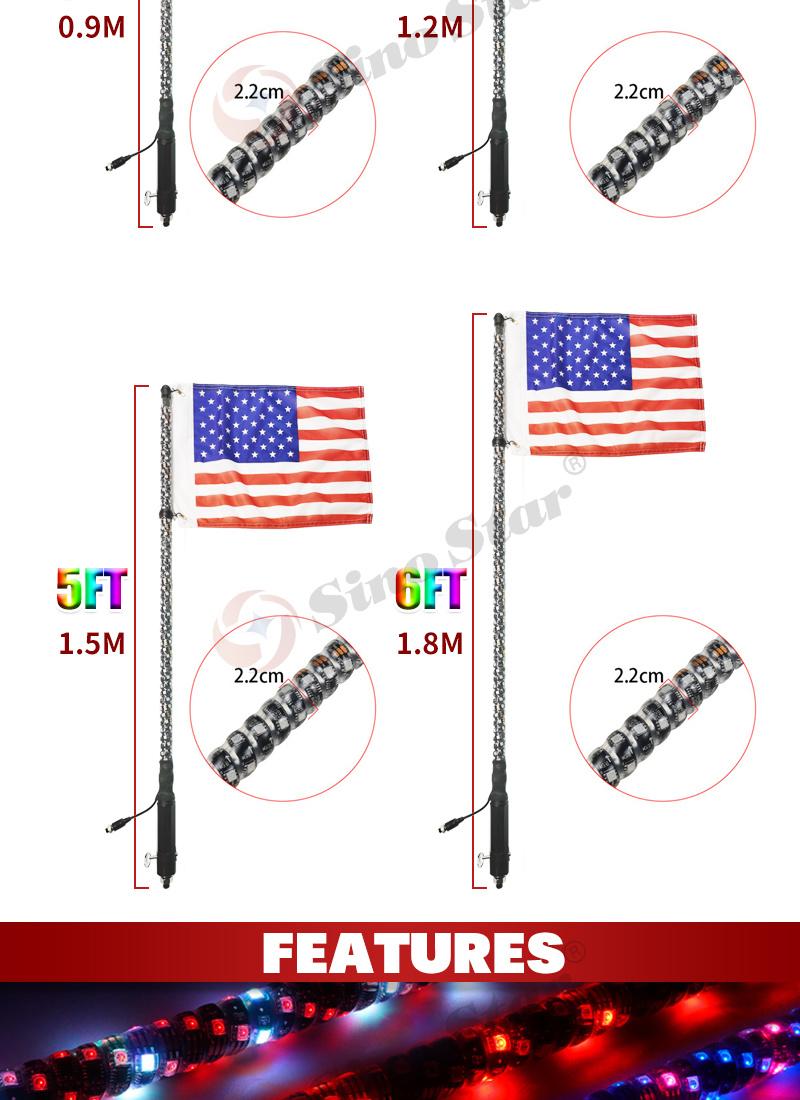 Swl2-4FT 2PCS Remote Control 360 Lighting Colourful RGB 4FT/1.2m Flexible LED Antenna Lighted Whip Flag for ATV UTV