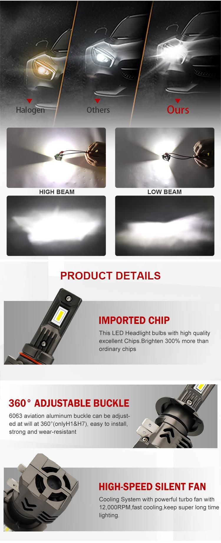 Car LED Lights Mini Size 55W 8000lm 6500K IP68 H11 9006 9005 H7 All in One H4 LED Headlight Bulb