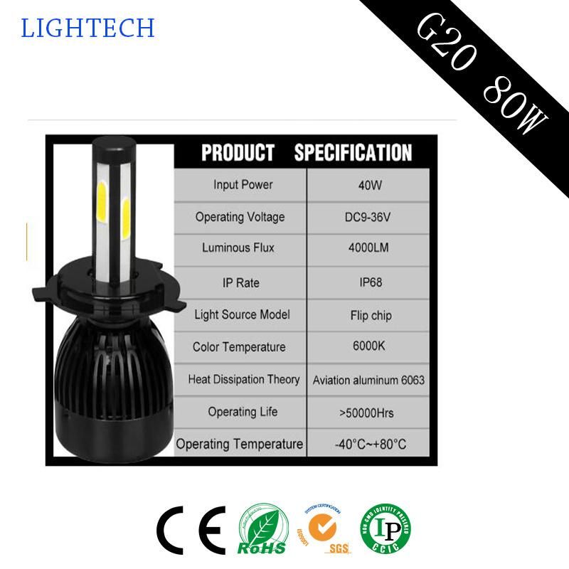 Hot Sale New Design G20 Have Flip Chip LED Light with 80W Auto Parts LED Headlight and Car LED Light