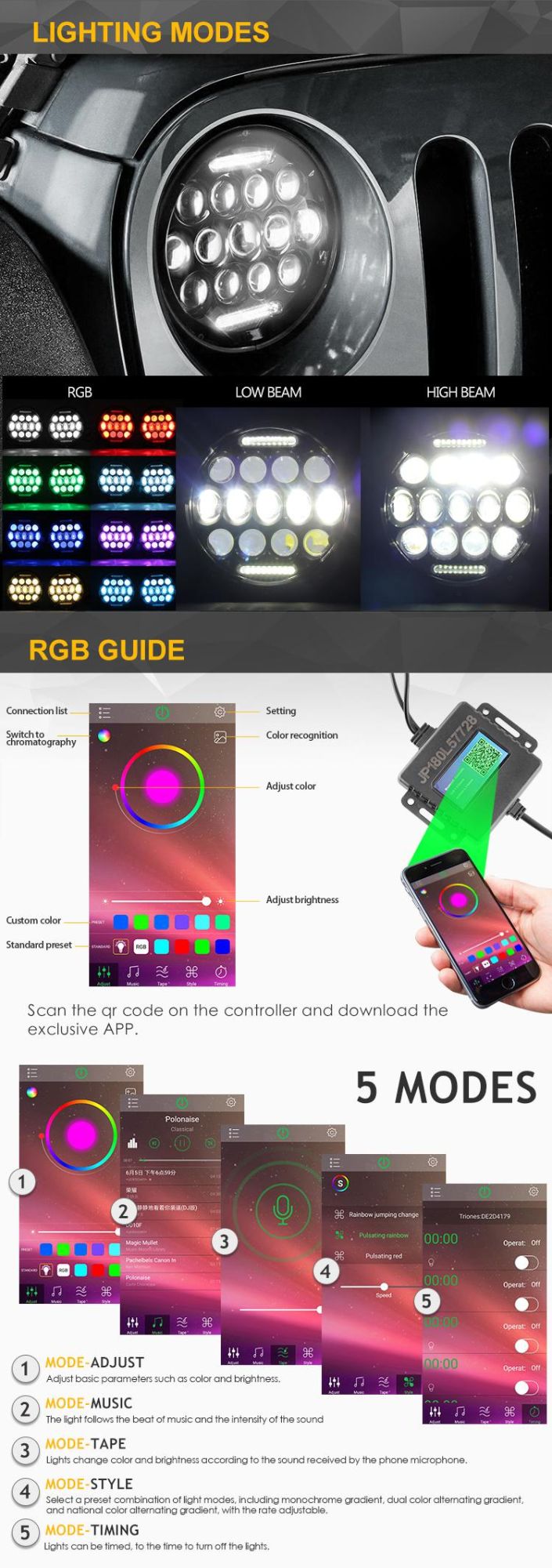 Newest Music APP Bluetooth Control Color Changing Driving Light 7" Inch RGB LED Headlight for Jeep Wrangler