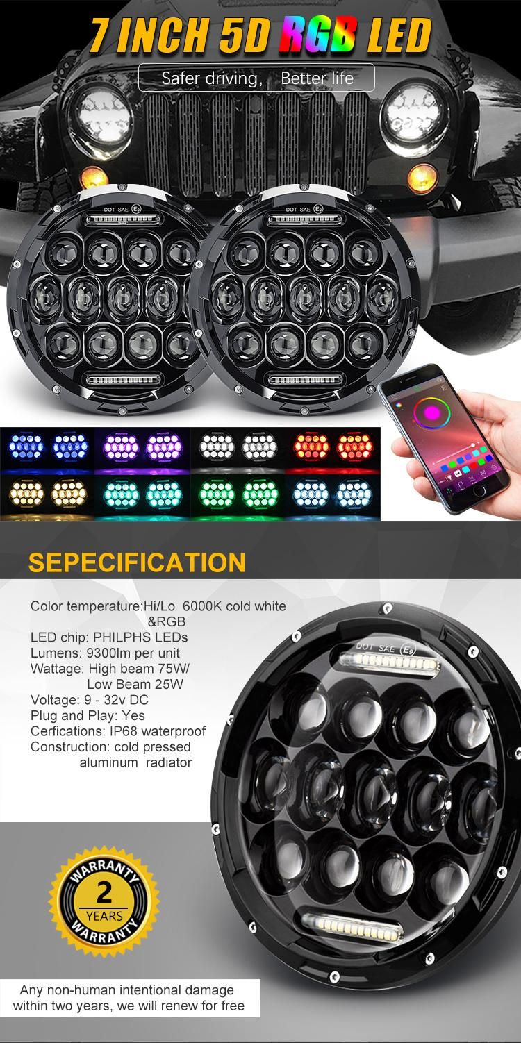 24 V Wrangler Motorcycle Round Remote Bluetooth Control Driving Light 7inch RGB LED Headlight