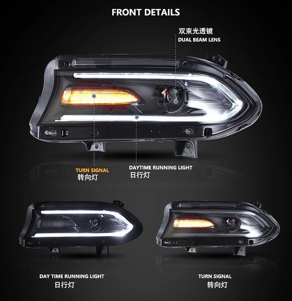 Headlight for Charger LED Headlight 2015-up with LED DRL & Flashing Turn Signal Xenon Project