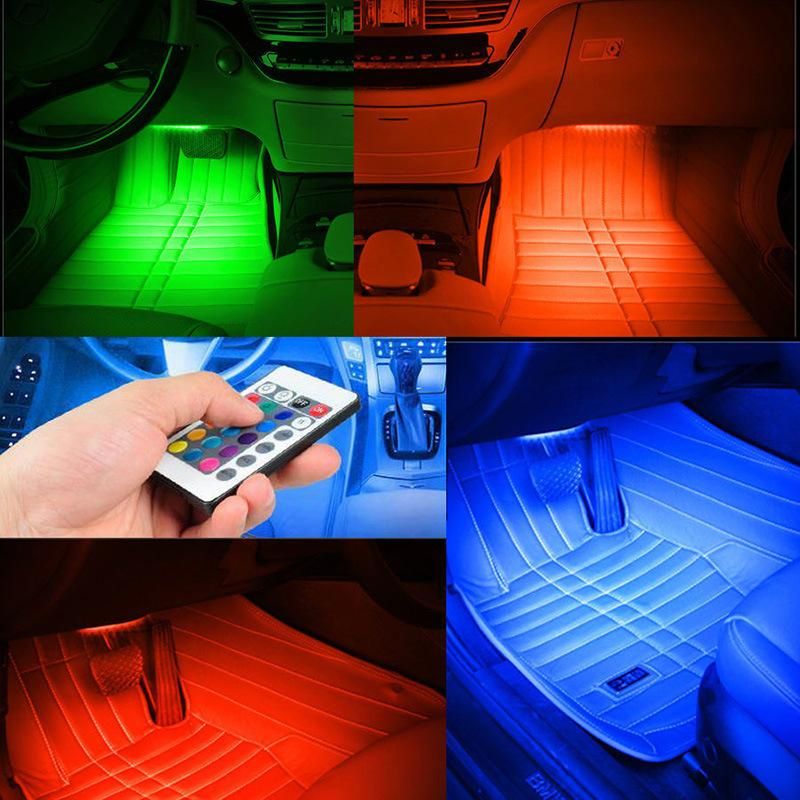 4PCS Car RGB LED Strip Light Car Auto Decorative Flexible Colored LED Strip Atmosphere Lamp Kit Fog Lamp with Remote