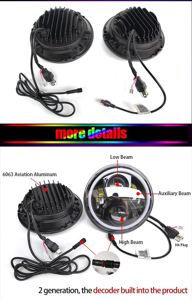 LED Headlamp Daymaker Motorcycle Dual Color Halo Angel Eye 12V 24V Round Auto RGB 7" Inch LED Headlight