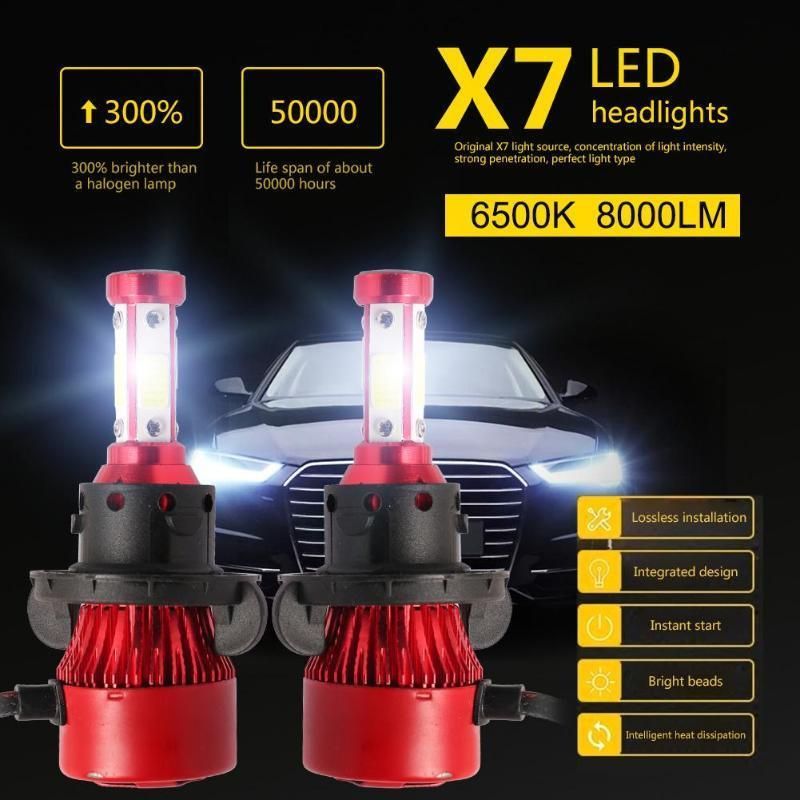 Powerful X7 4 Side COB 100W 10000lm Car LED Headlight Bulbs H4 H11 H13 9005 9006 Chips Auto LED Bulb 12V 6500K Headlight Red Color Auto Lights